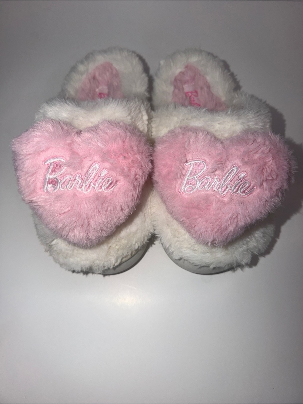 Barbie Women’s Slip-On Slippers Faux Fur Pink/White Heart Logo Embroidered S 5-6